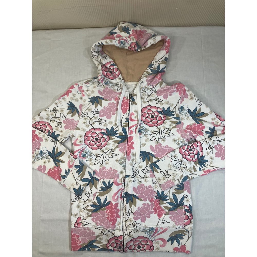 Aeropostale Womens Floral Full Zip Hoodie White Pink Blue Cotton Size M Y2K Boho